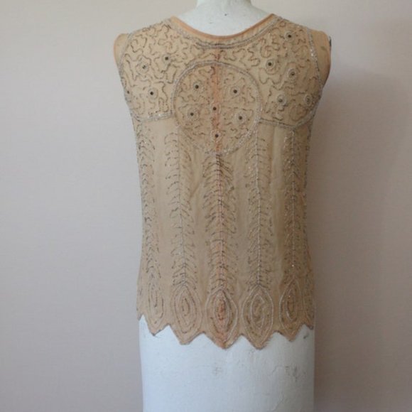 1920s 1910s Nude skin tone peach silk sheer beaded sleeveless blouse top XS S - Picture 9 of 10